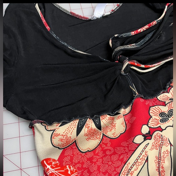 HAND JIVE Y2K Boho Grunge Slinky Floral V-Neck w/Tie Seam Edge Split Cuff Maxi S - Picture 5 of 15